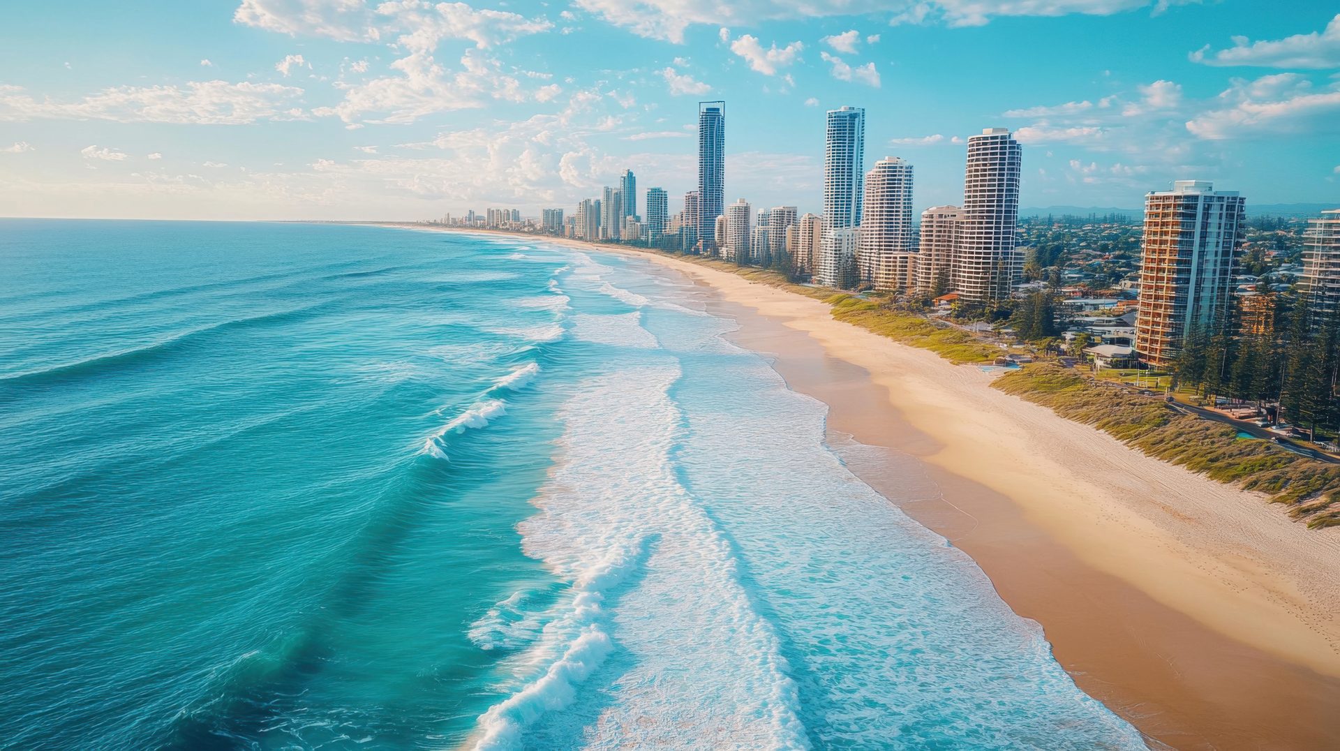 An aerial view of the Gold Coast's long sandy beach lined with high-rise towers