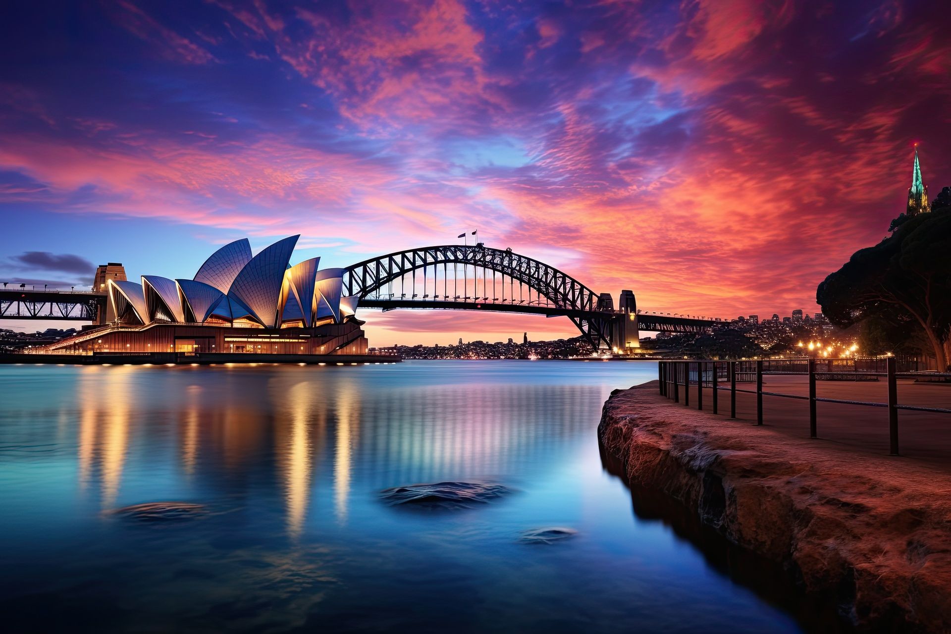 Sydney Opera House and Harbour Bridge at sunset