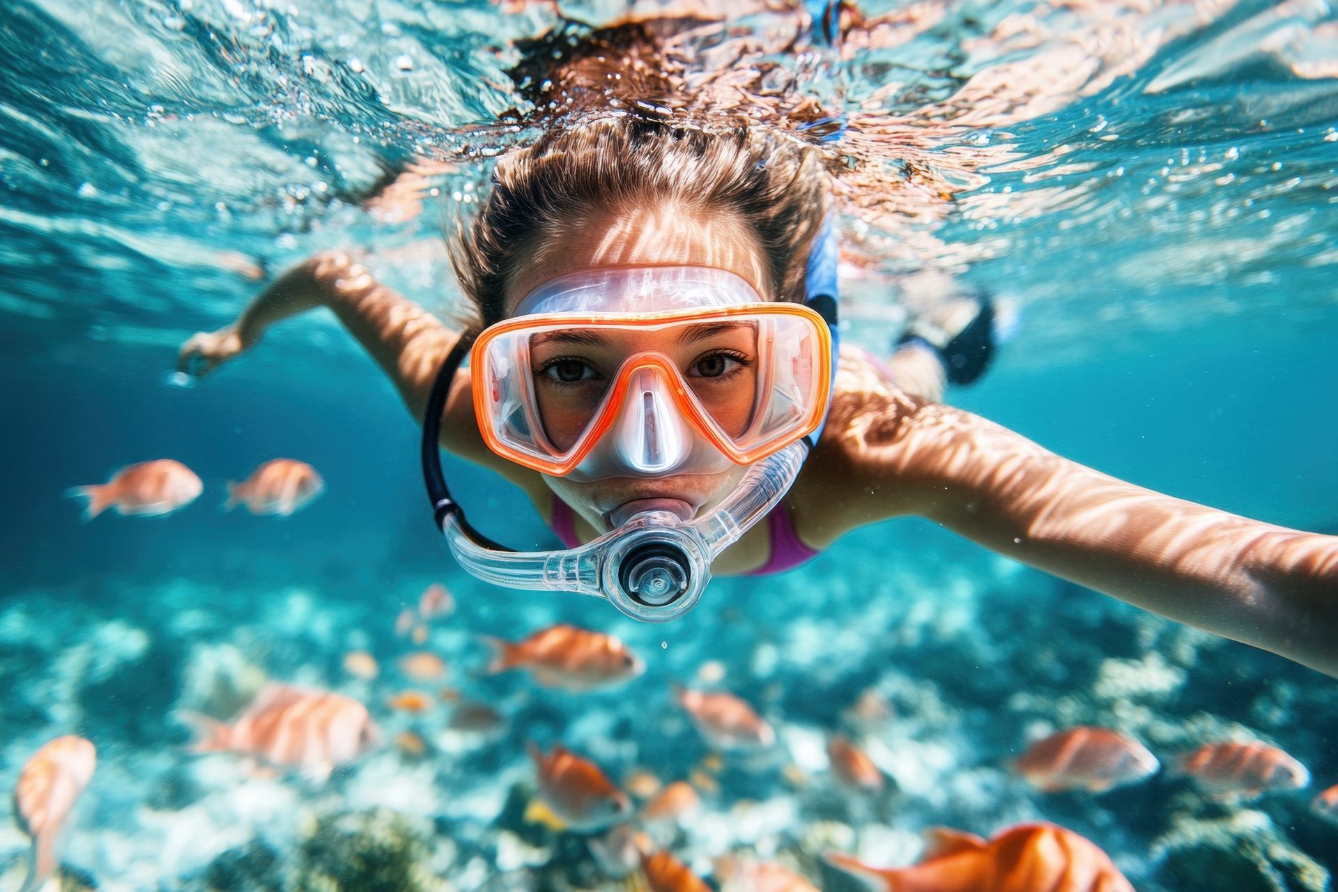 A girl snorkeling over a colorful coral reef