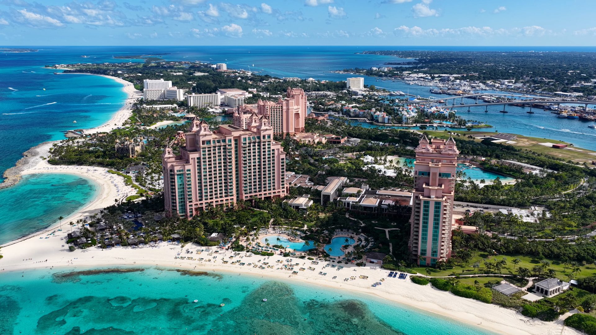 An aerial view of Paradise Island's beaches and resorts across the harbor from Nassau
