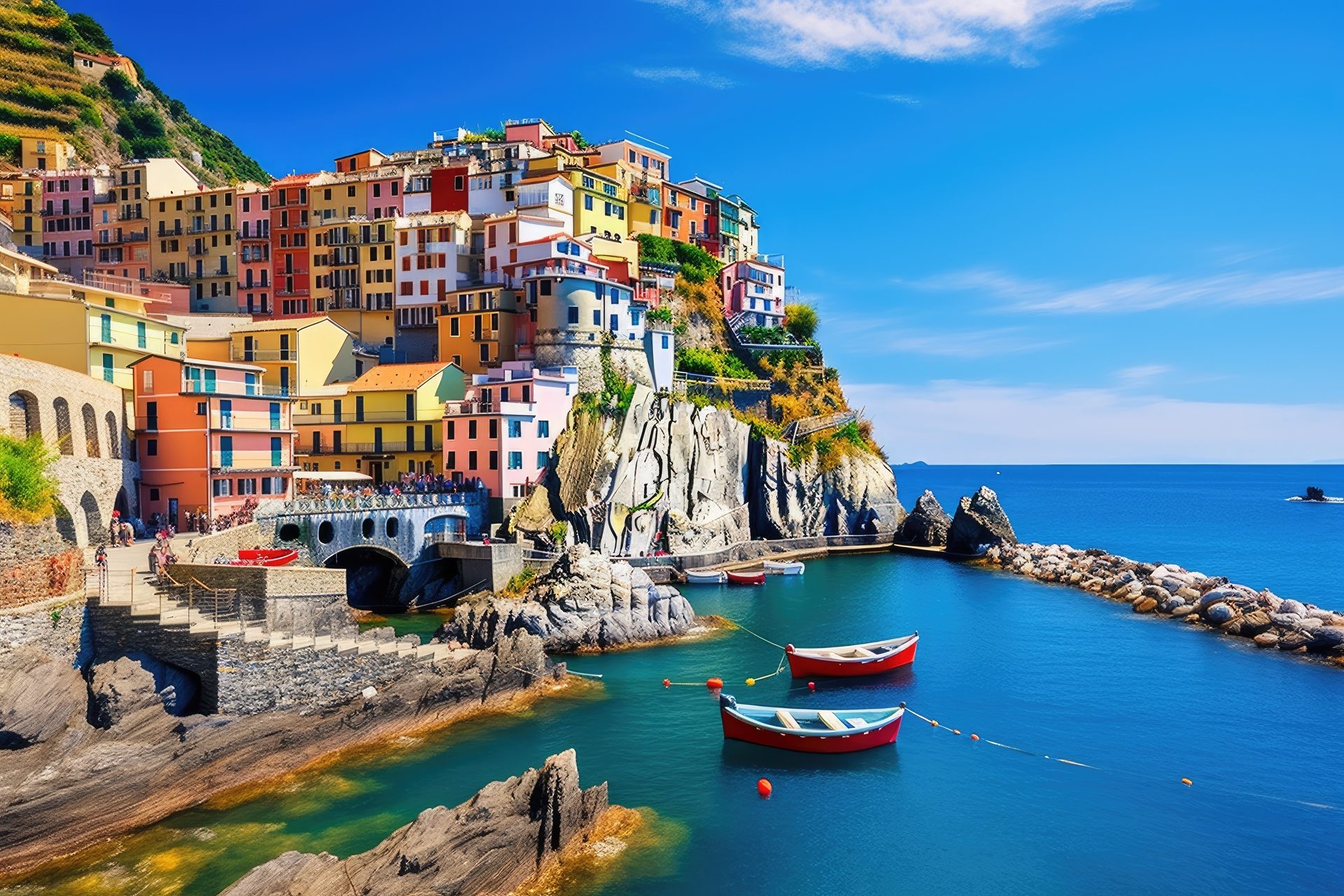 Colorful houses stacked on the cliffs of Manarola in Italy's Cinque Terre