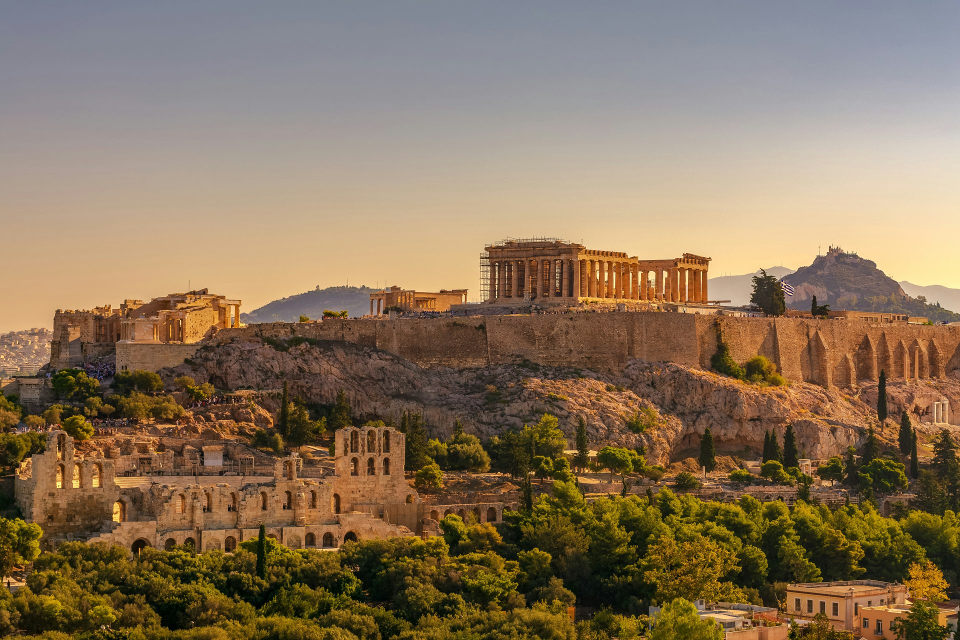 The Acropolis rising above the city of Athens at golden hour