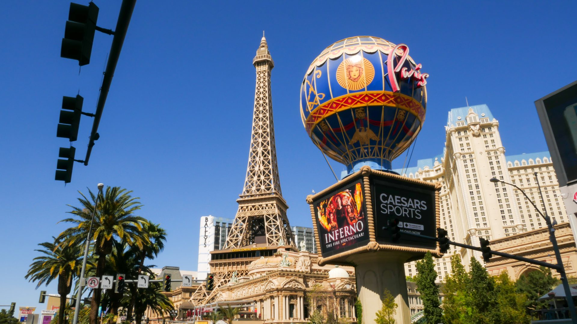 The half-scale Eiffel Tower and hot-air balloon sign on the Las Vegas Strip