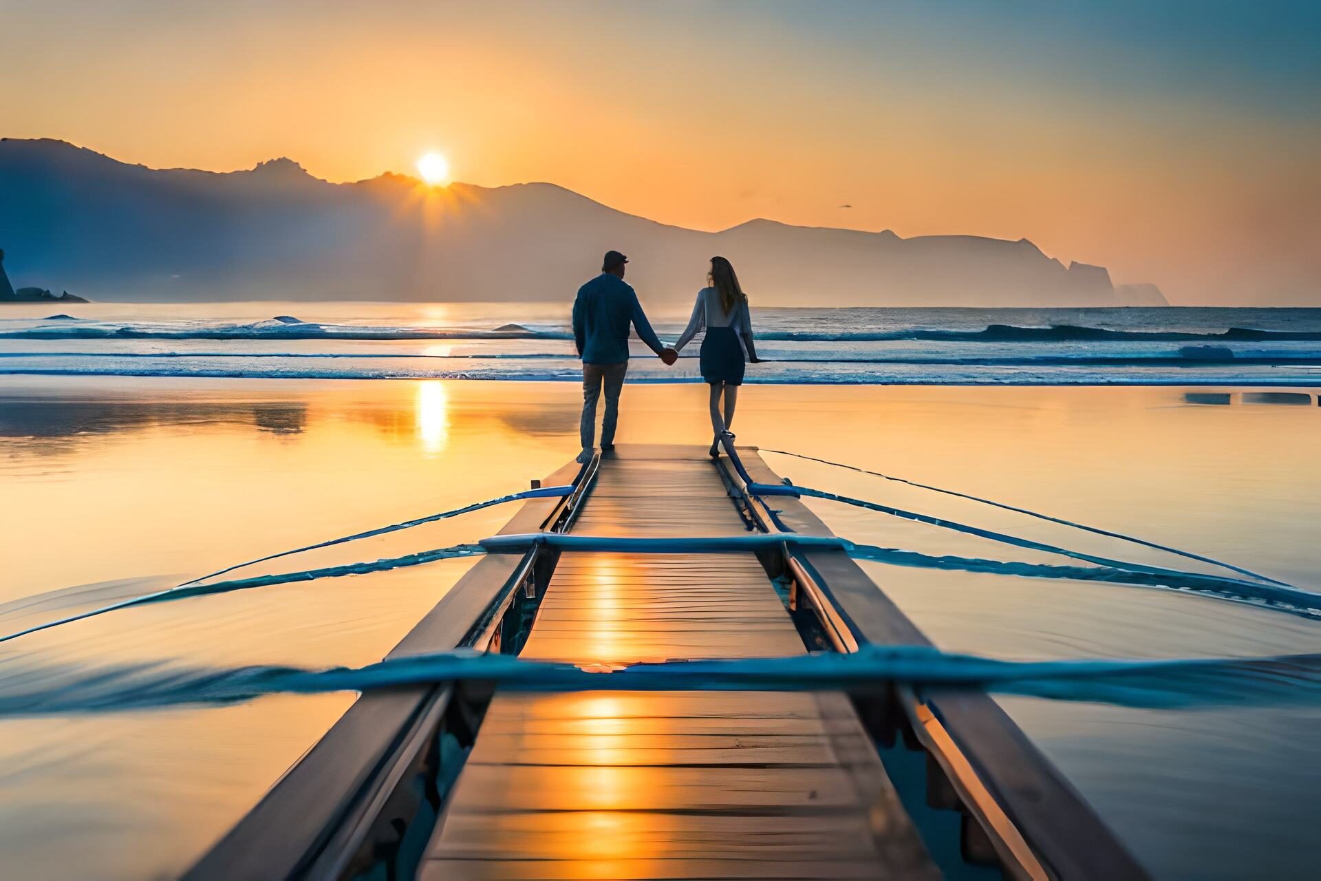 A couple holding hands as they walk along a wooden pier at sunset