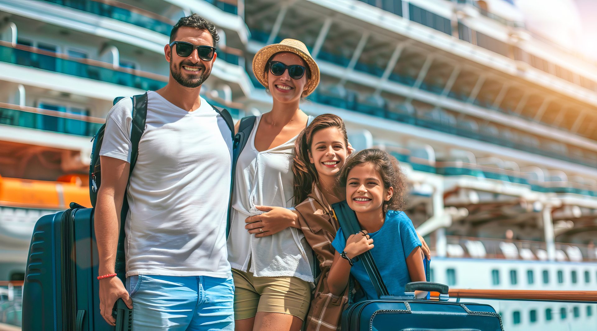 A smiling family of four with luggage in front of a cruise ship