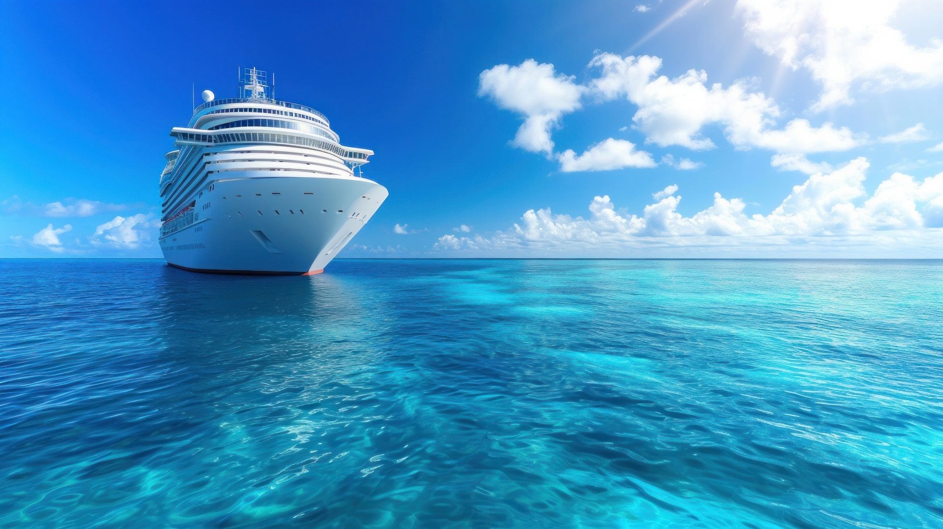 A sleek white cruise ship on calm blue water under a bright sky