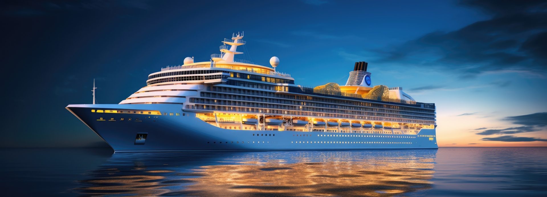 A large cruise ship lit up at dusk on the open ocean
