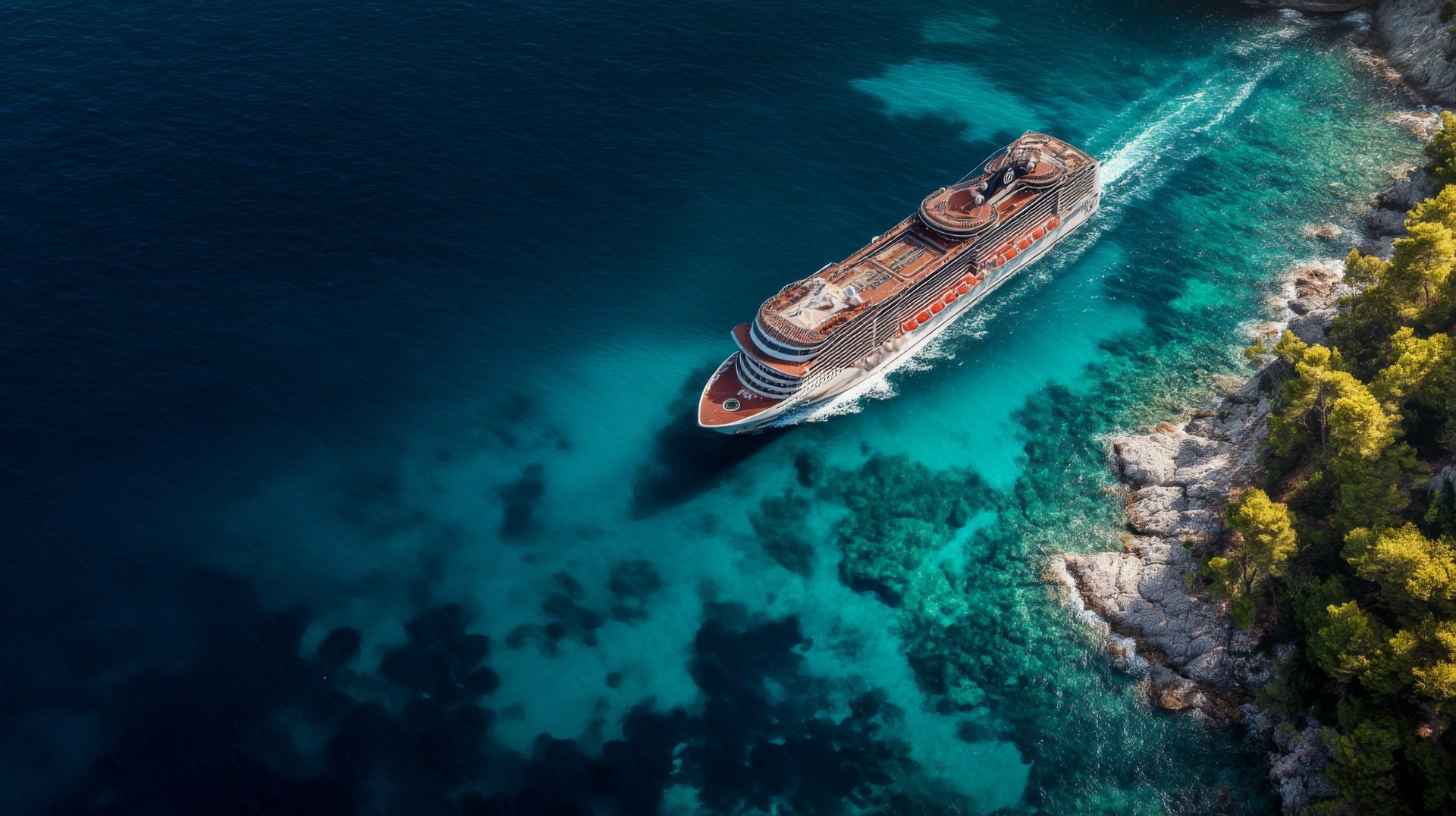 A cruise ship sailing through clear turquoise water seen from above