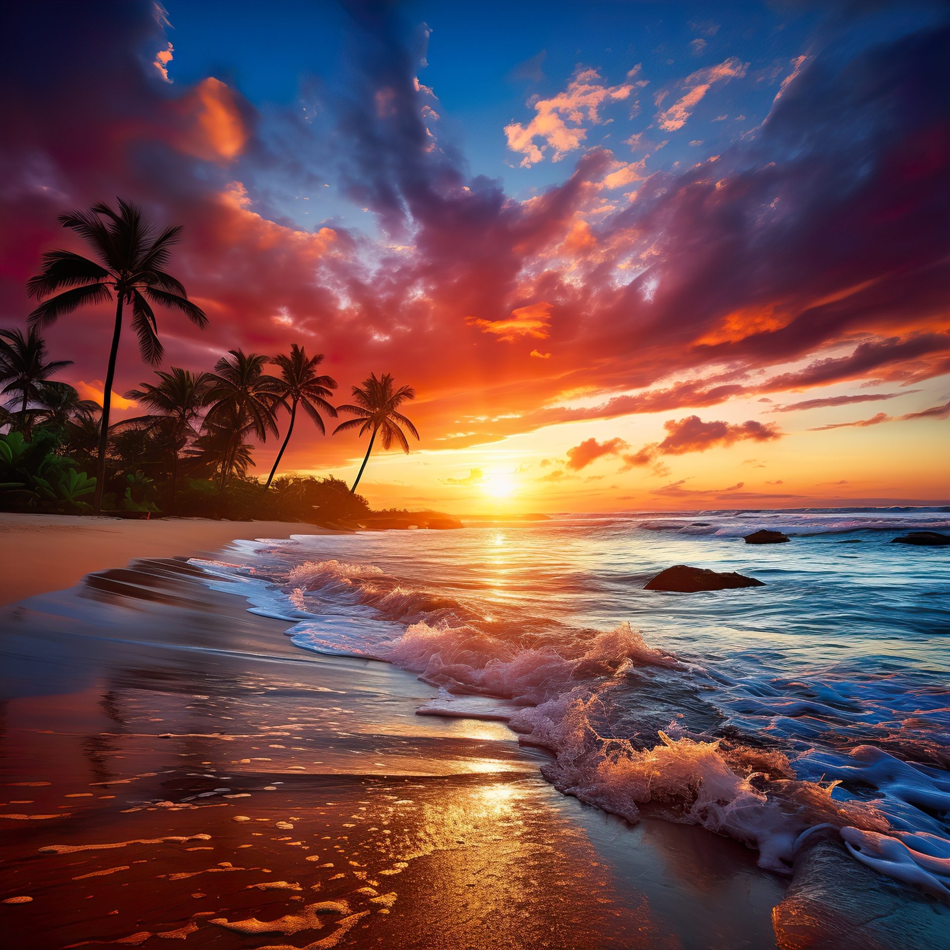 A palm-lined white sand beach beside a turquoise sea