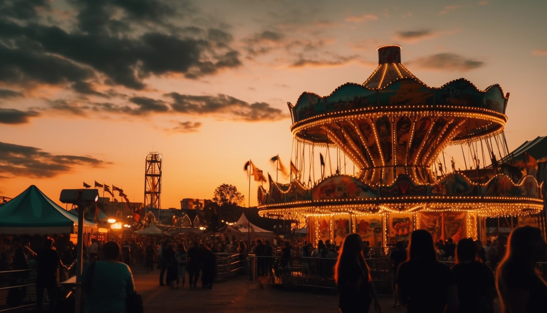 Families gathered under a lit-up carousel at dusk