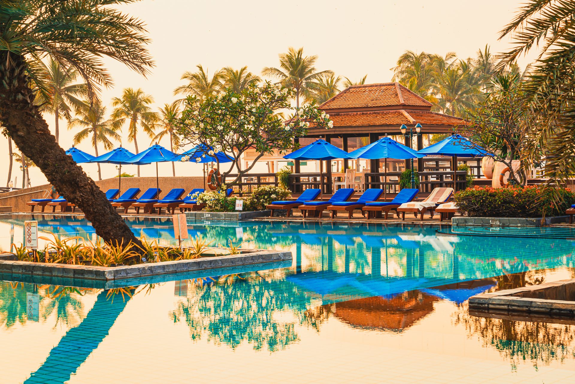 Blue umbrellas and loungers around a resort pool lined with palms at sunrise