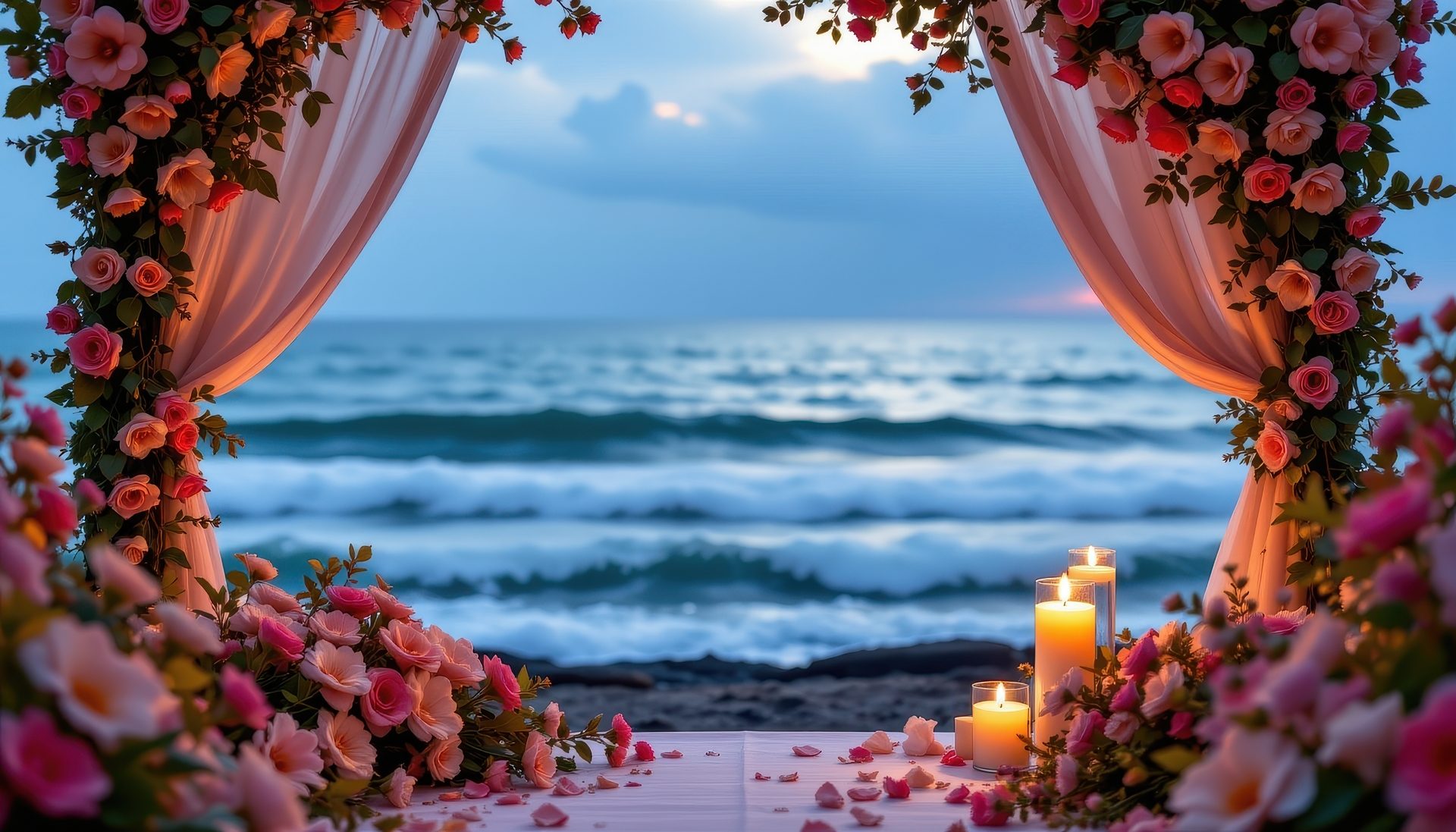 A romantic floral arch and candles set up facing the sea