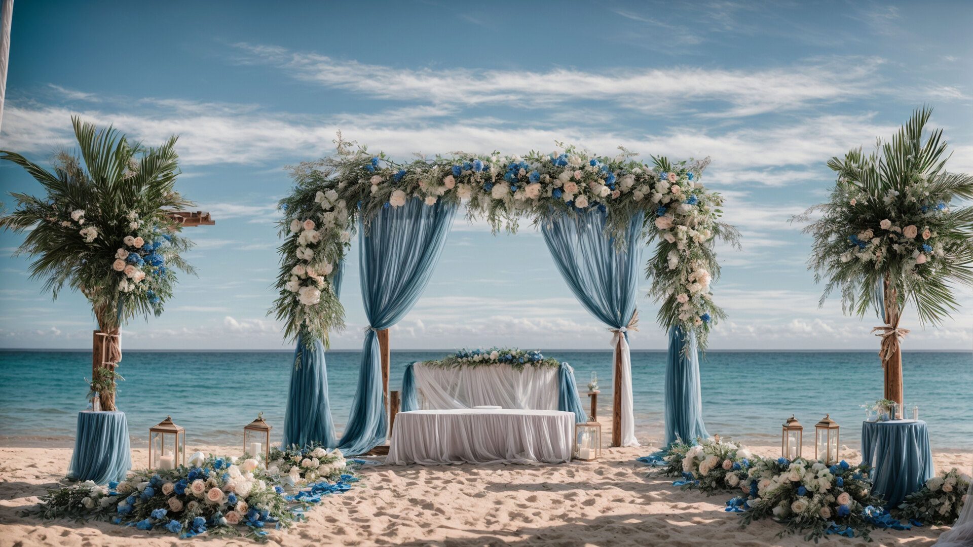 A beach wedding arch draped in blue and white fabric with flowers