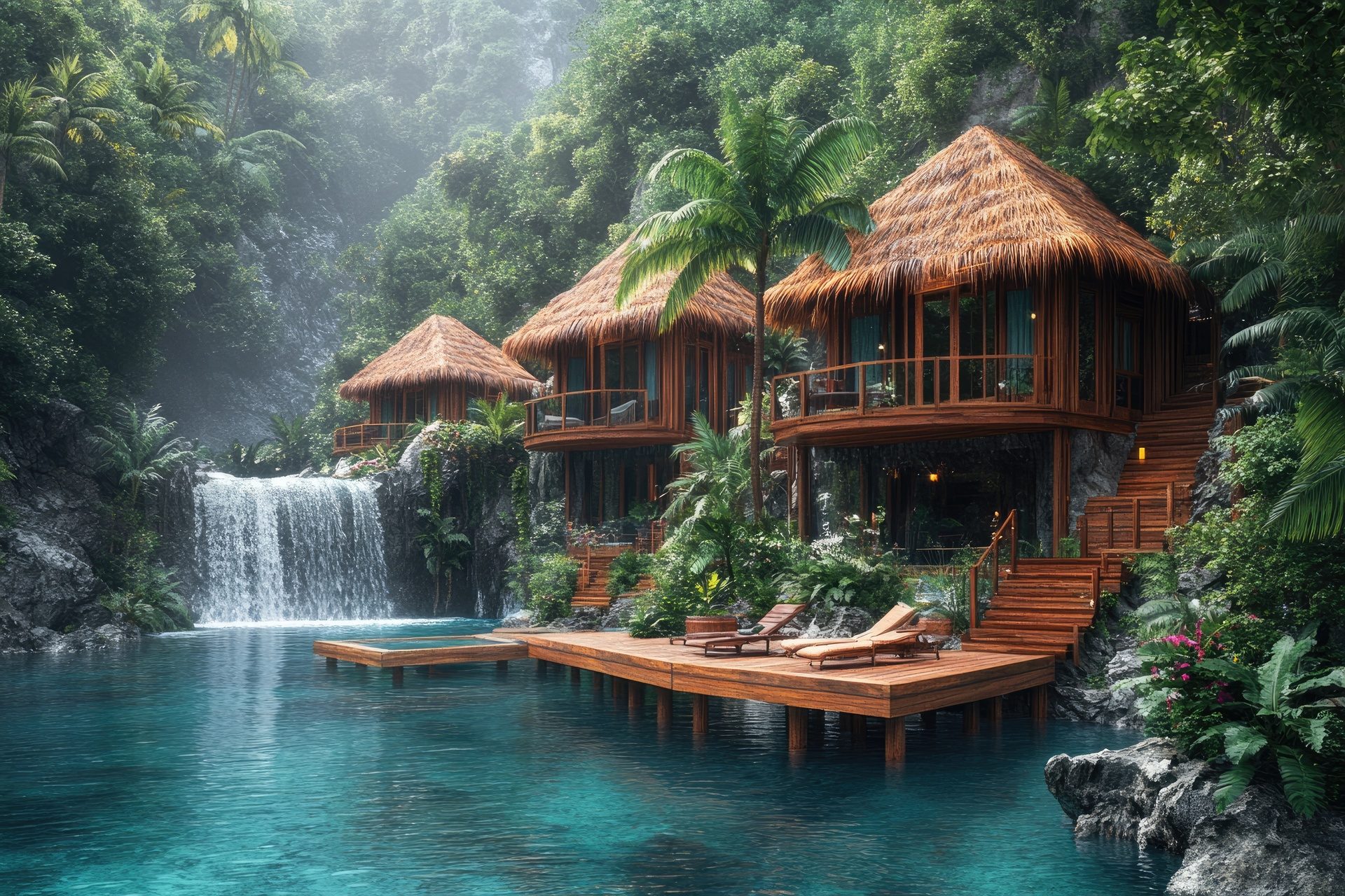 Wooden thatched villas beside a waterfall and a jungle pool