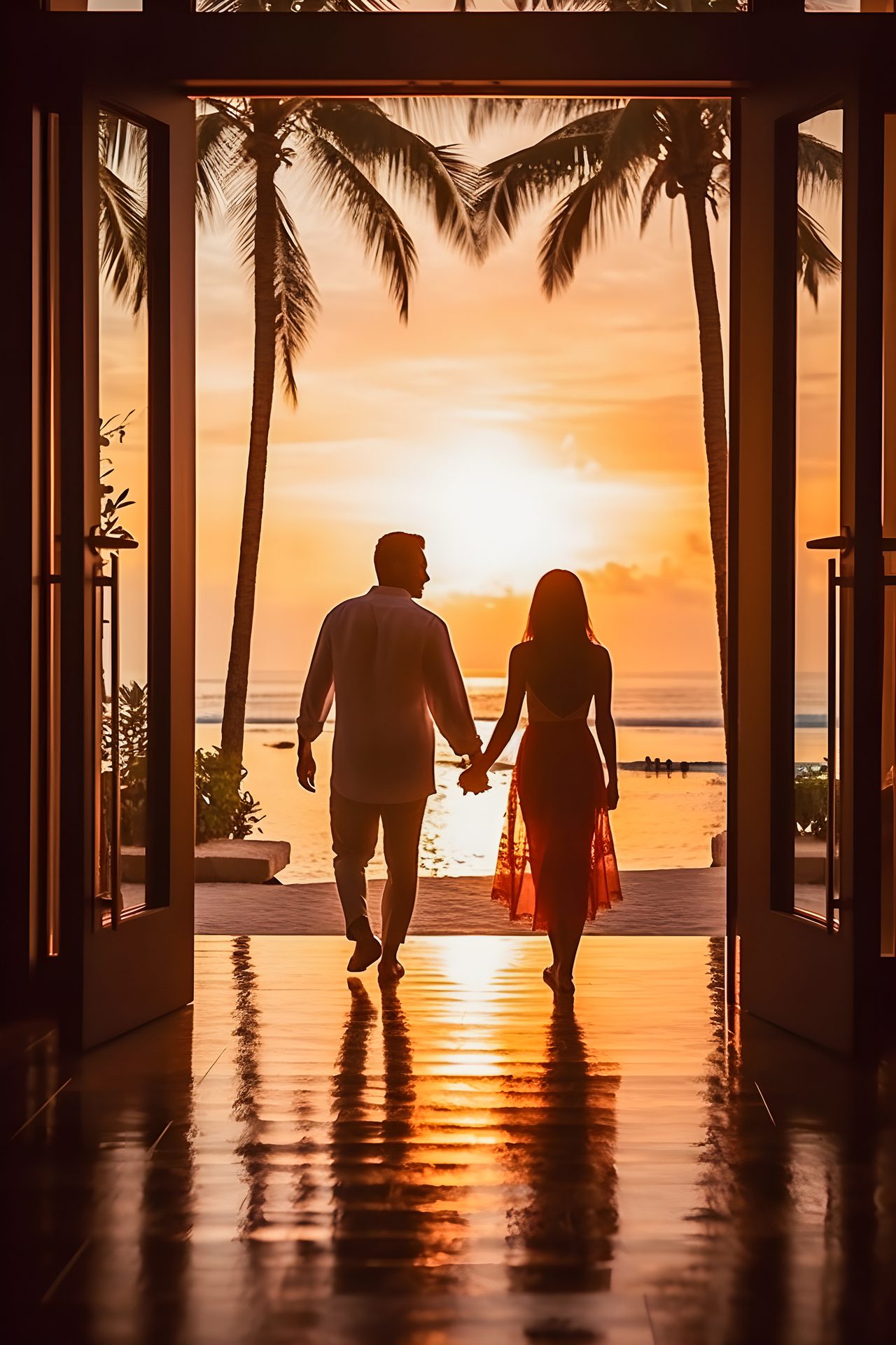 A couple holding hands in a doorway, looking out at a sunset over the sea