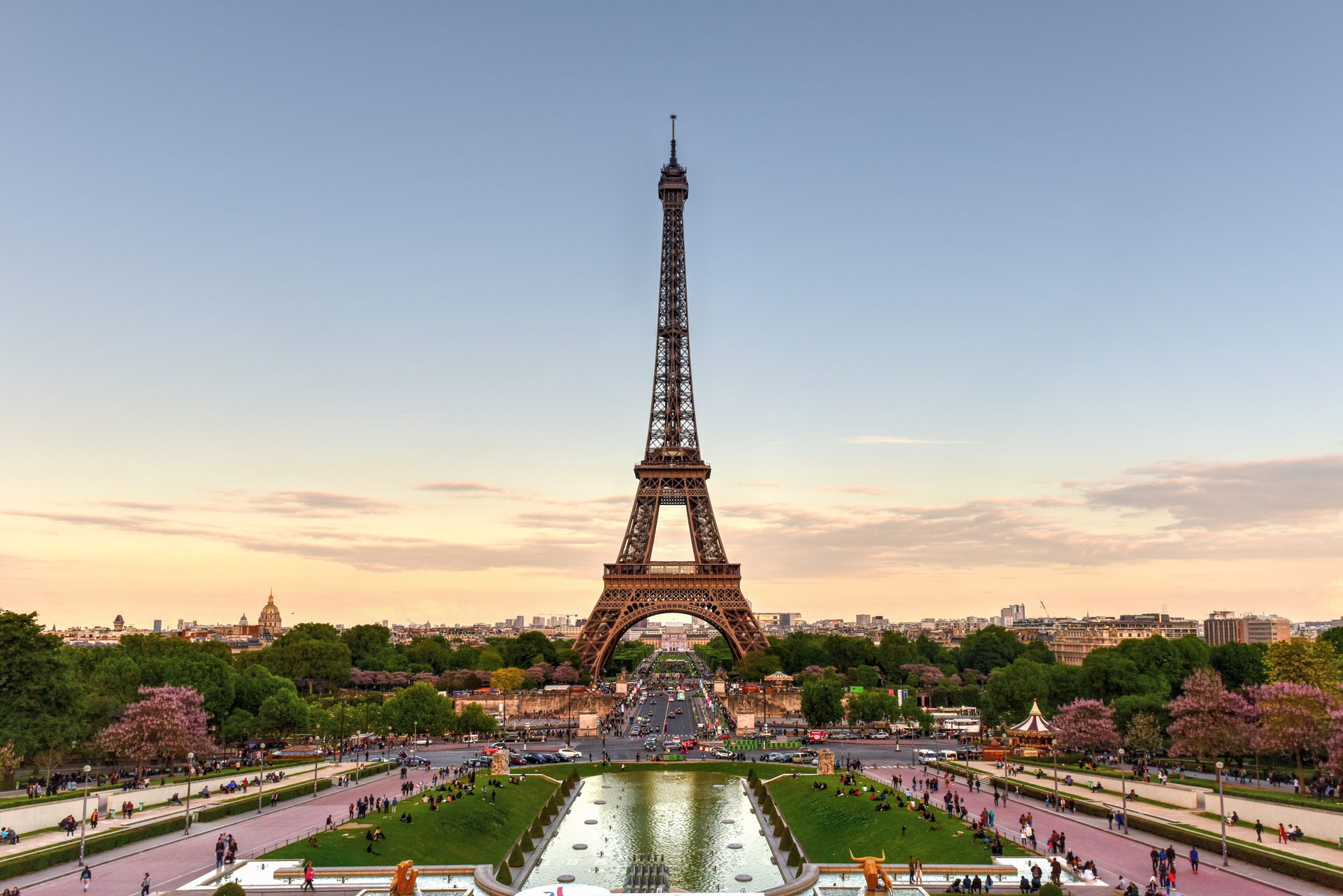 The Eiffel Tower seen across the lawns of the Champ de Mars