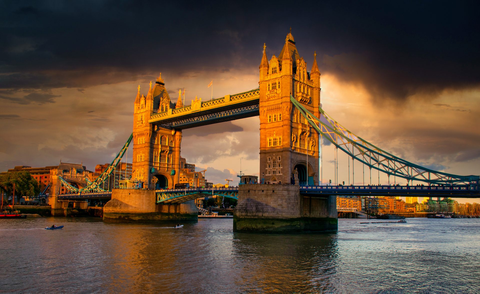 Tower Bridge in London glowing at sunset over the River Thames