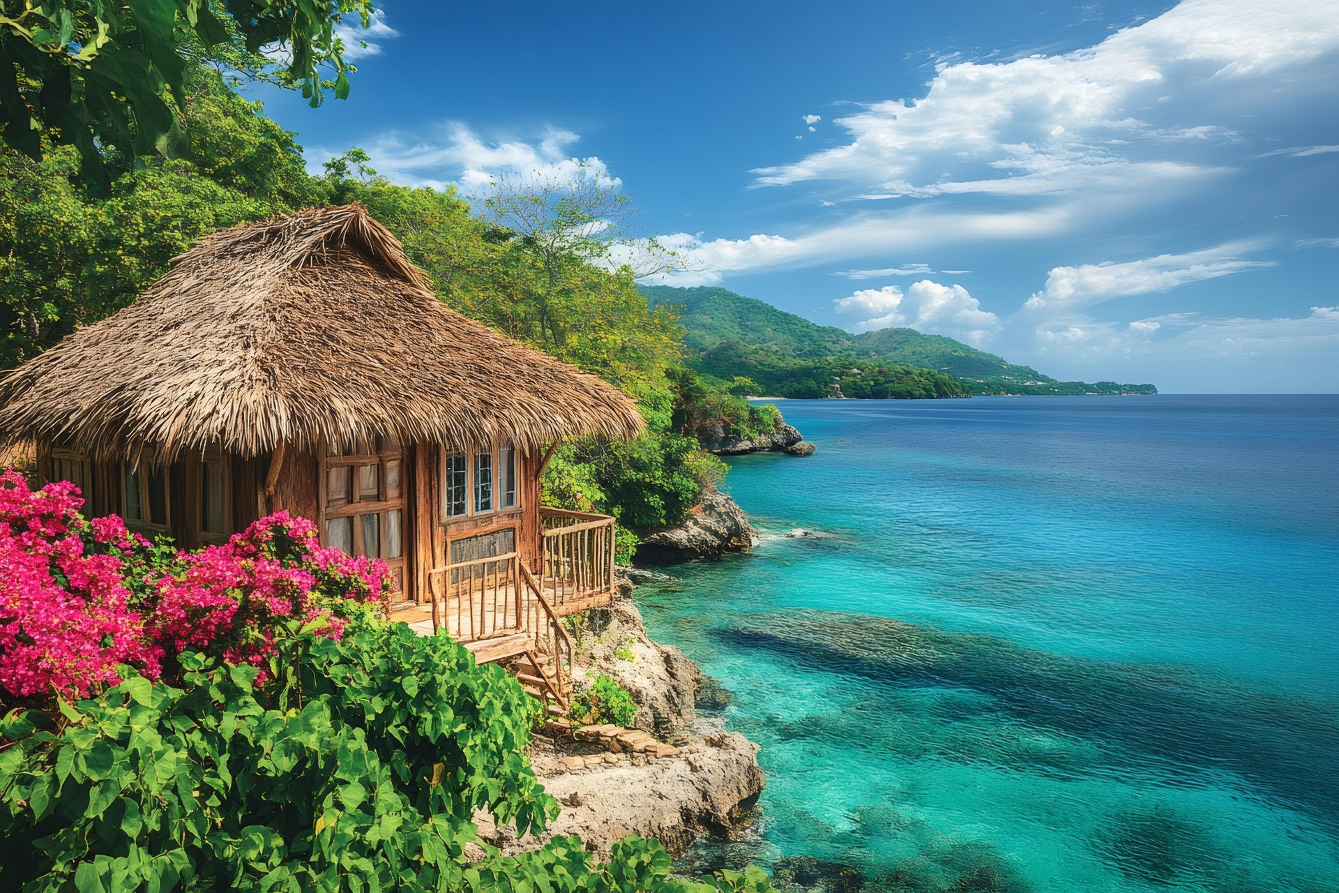 A thatched tropical bungalow overlooking turquoise ocean