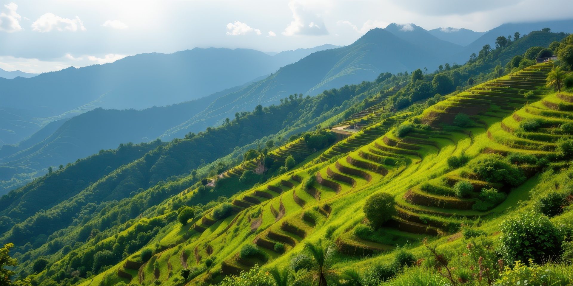 Steep green rice terraces carved into a mountainside in Bali