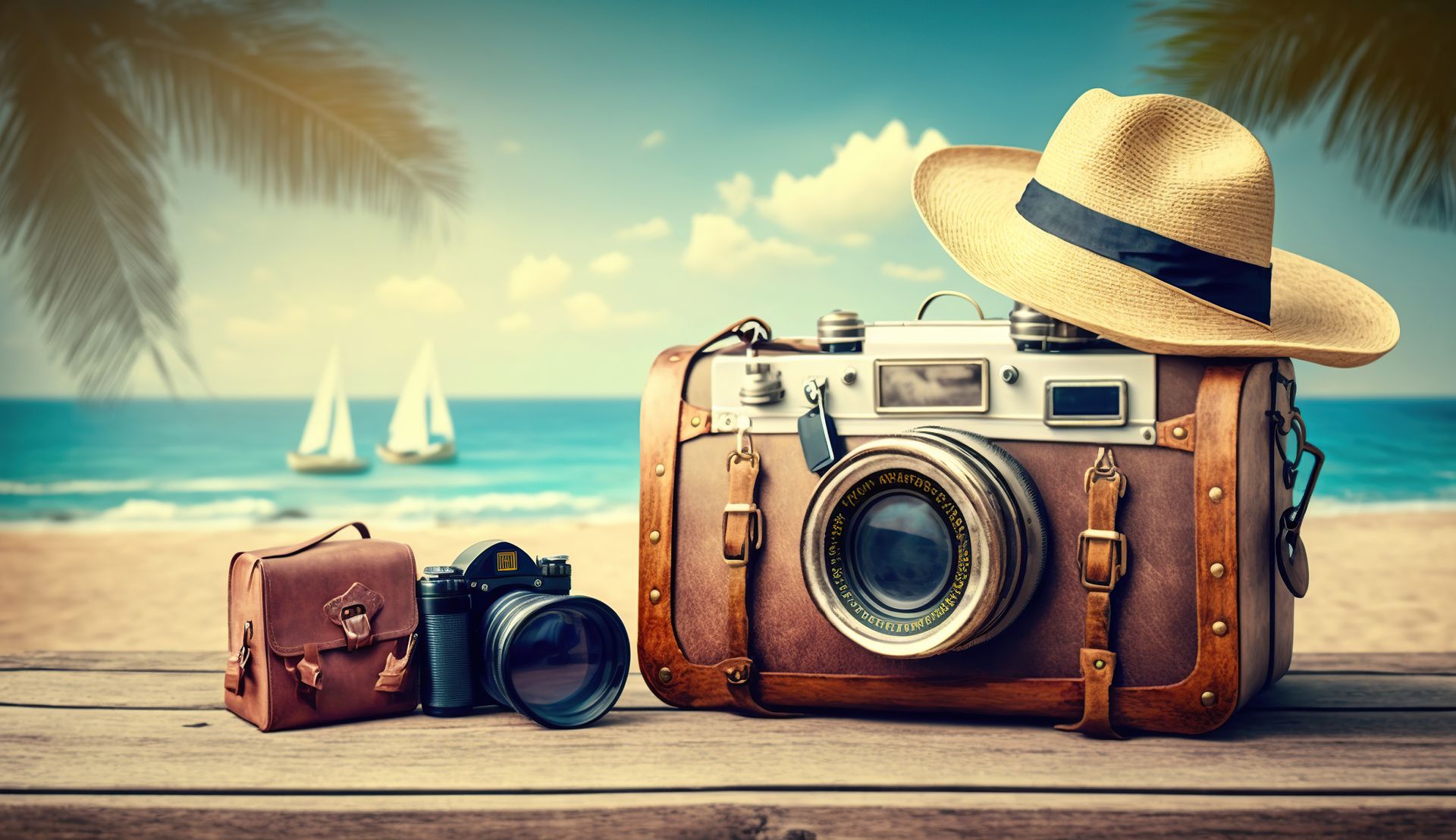 Vintage suitcase, camera and sun hat on a beach